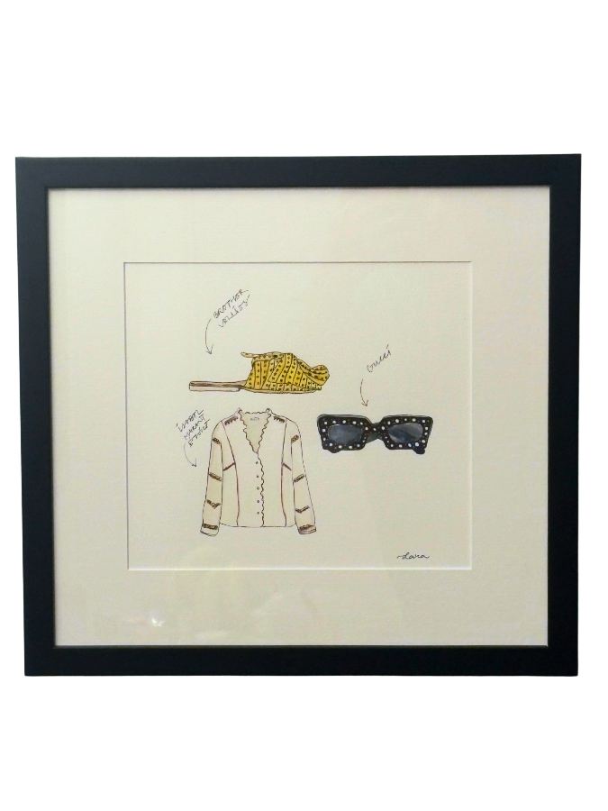 A teenager’s fashion sketches framed in black with a white mat